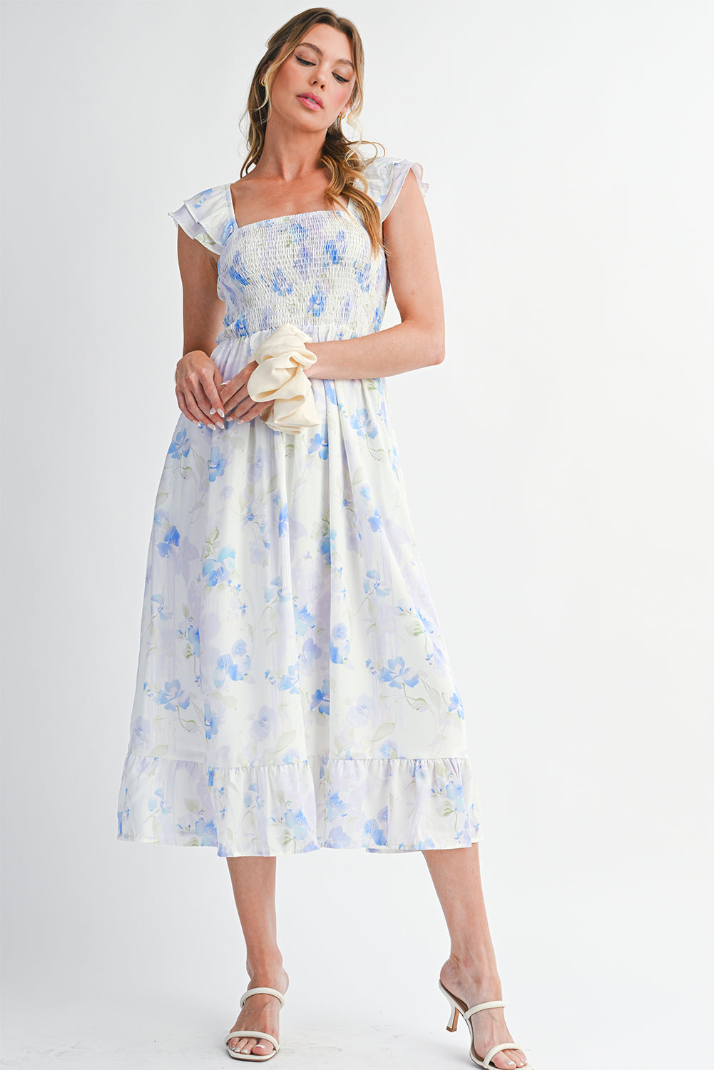 Sky Blue Floral Smocked High Waist Ruffle Sleeveless Long Dress Sky Blue 100%Polyester 06348ffa3d40f9df
