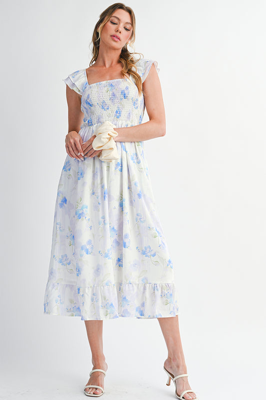 Sky Blue Floral Smocked High Waist Ruffle Sleeveless Long Dress Sky Blue 100%Polyester 06348ffa3d40f9df