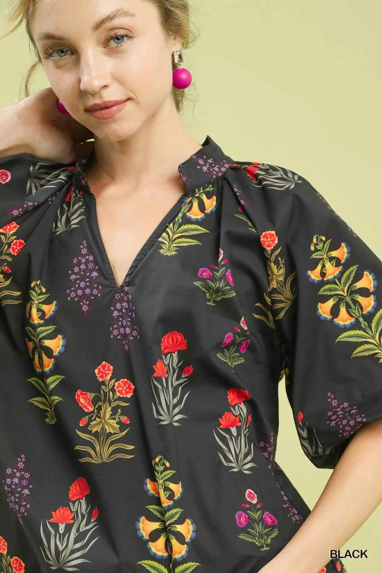 Umgee Floral Print Puff Sleeve Scallop Hem Blouse 0636953d-c2b2-43d6-b0b7-3c6a521e5710-Max-Origin