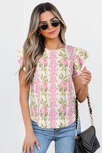 Pink Floral Print Layered Ruffle Sleeve Summer Top 063f459dc7df3f71