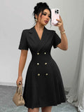 Double-Breasted Short Sleeve Dress Black 064560e03697415990eab06699787de3-Max-Origin