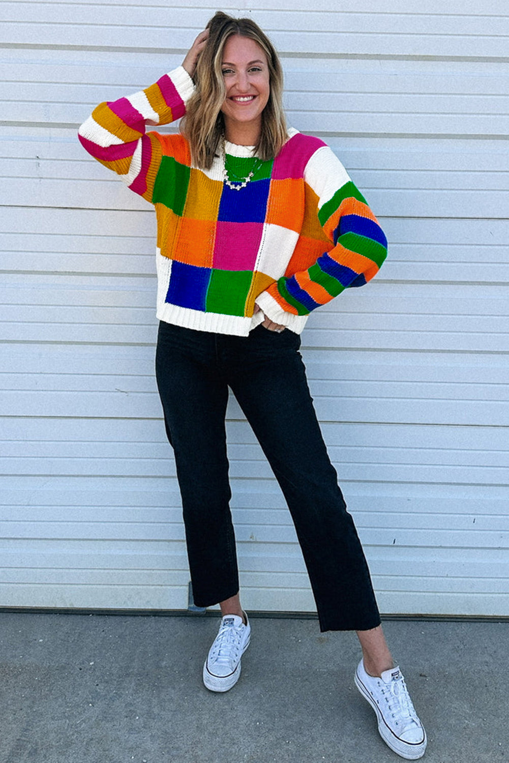 Orange Checkered Color Block Round Neck Loose Sweater 06468f31cb2852f7