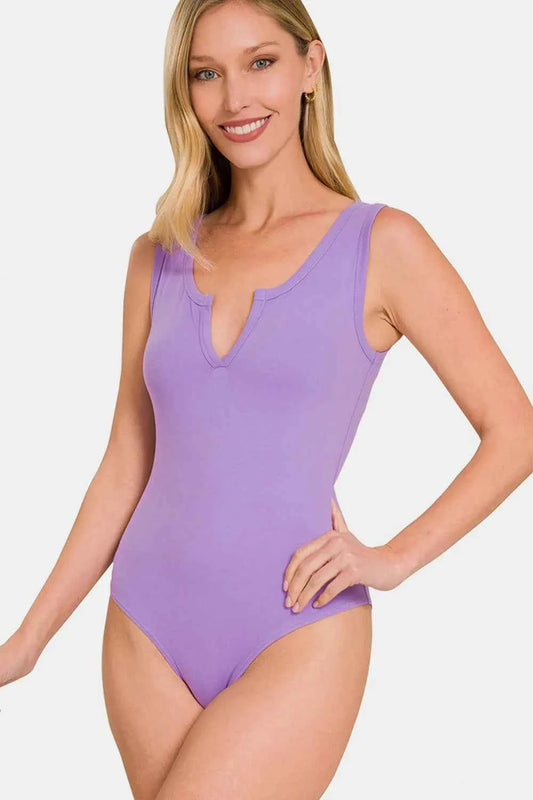 Zenana Microfiber Notched Sleeveless Bodysuit LAVENDER 06526787-f692-4dbd-88e8-c283ba932524-Max