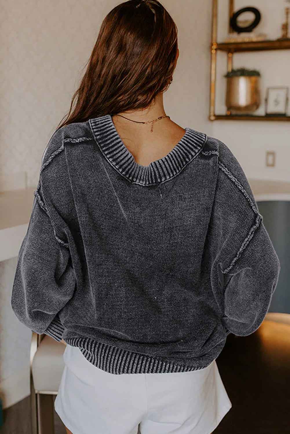 Black Mineral Wash V Neck Knit Exposed Seam Drop Shoulder Loose Sweater 065335c9dcf8e976