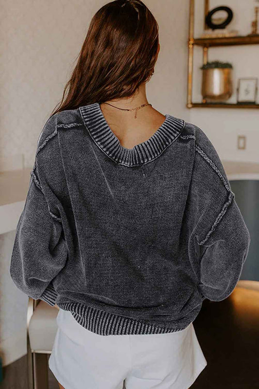 Black Mineral Wash V Neck Knit Exposed Seam Drop Shoulder Loose Sweater 065335c9dcf8e976