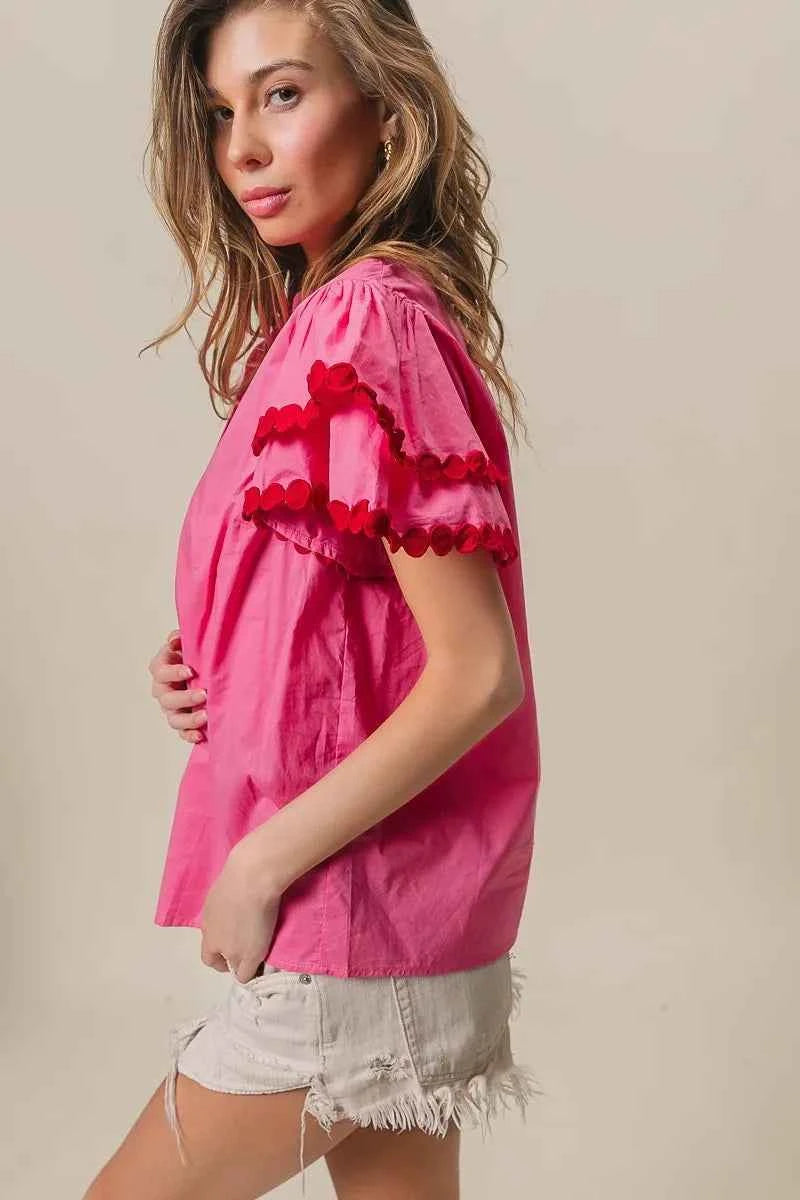 BiBi Dot Trim Flutter Sleeve Notched Top 0653a37e89c248fab463fc45dc2b8cc4-Max-Origin