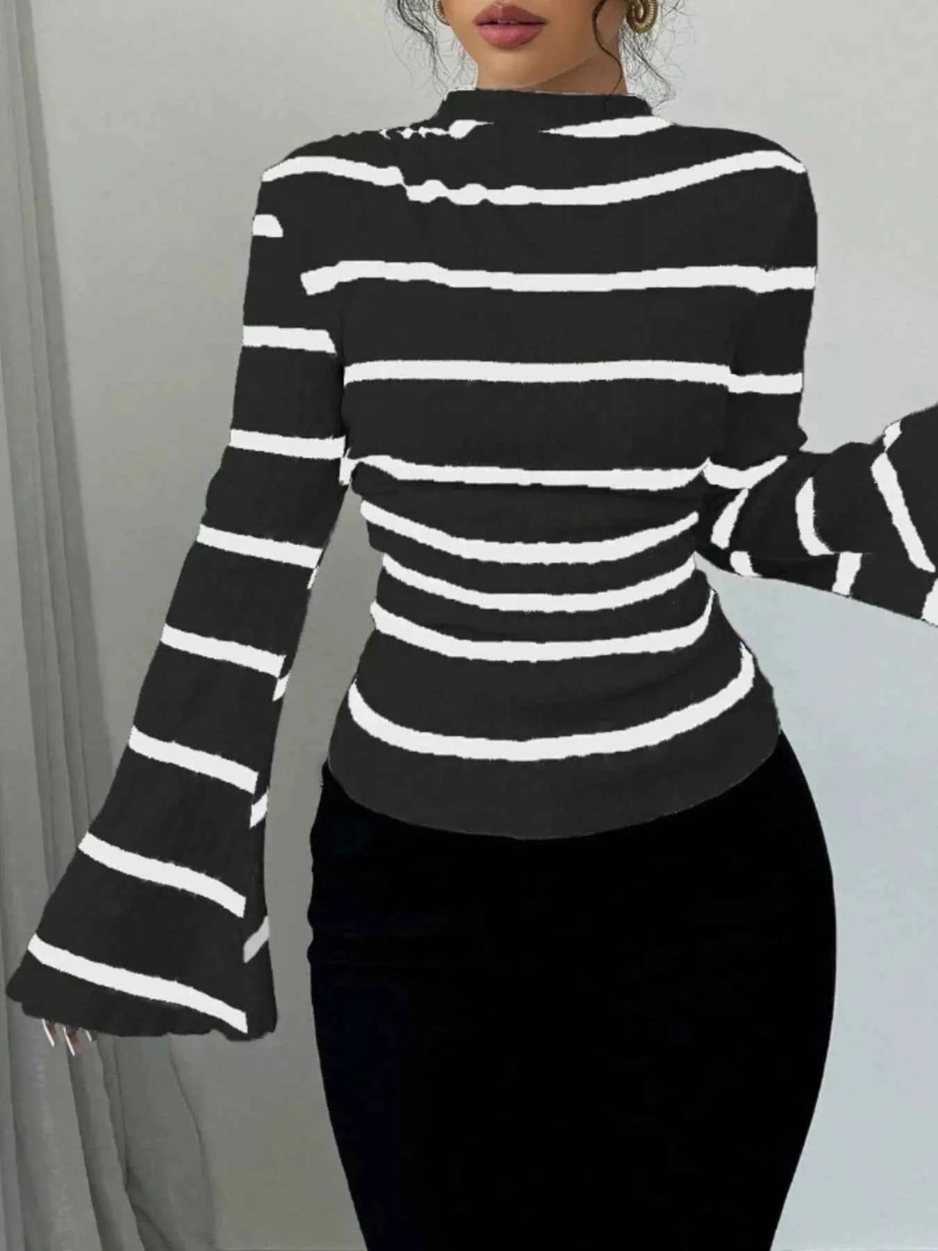 Striped Mock Neck Flare Sleeve Knit Top 06588aa0-04bf-4d05-857f-f8b2f76d3bbb-Max-Origin