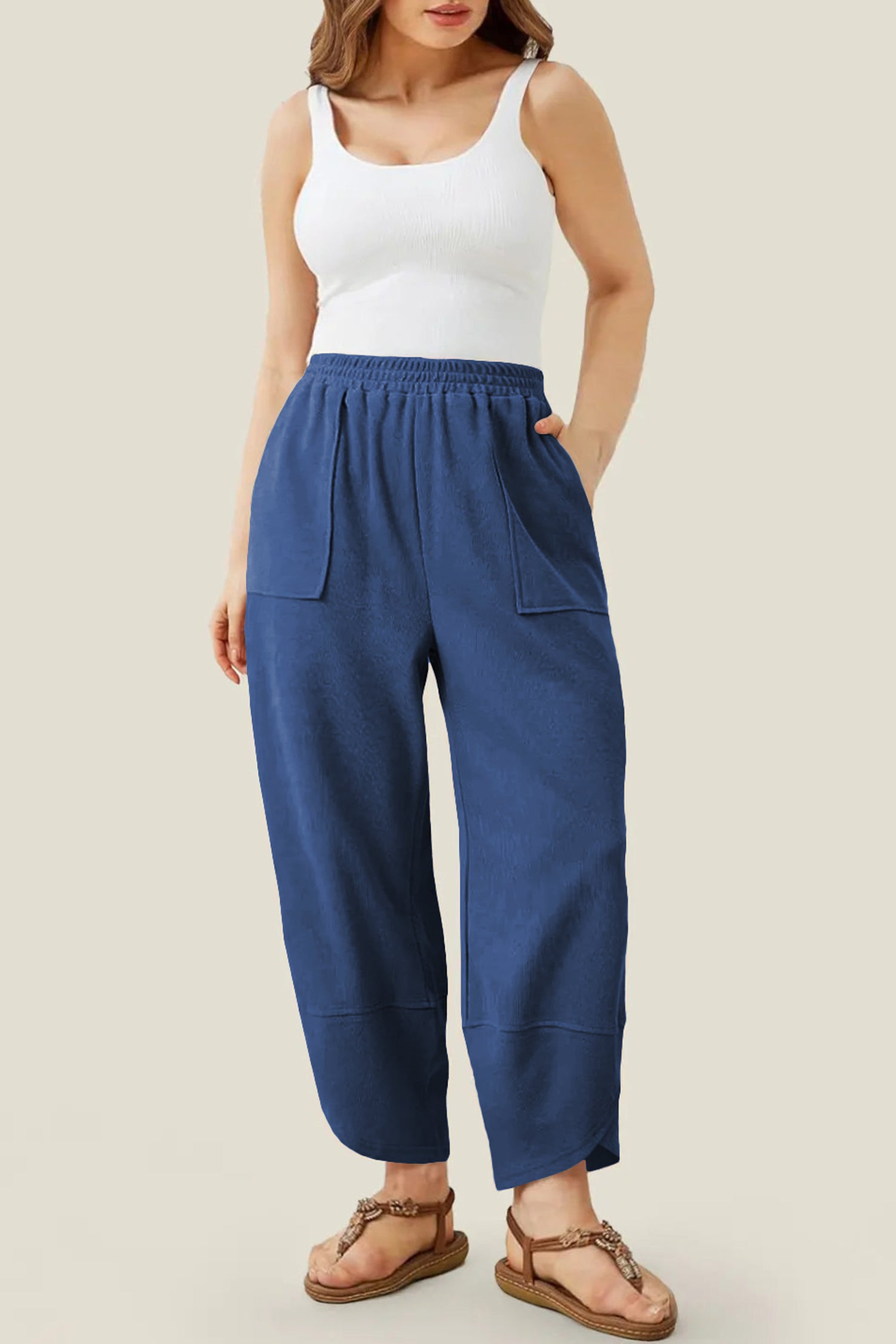 Sail Blue Plus Size Elastic Waist Asymmetrical Hem Loose Capris Pants 065ba0239ae7d771