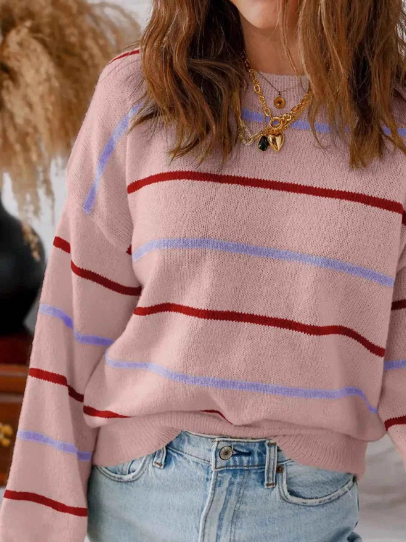 Striped Round Neck Drop Shoulder Sweater 065e3bca-466a-4cbb-a75a-47e8fc77a667-Max-Origin