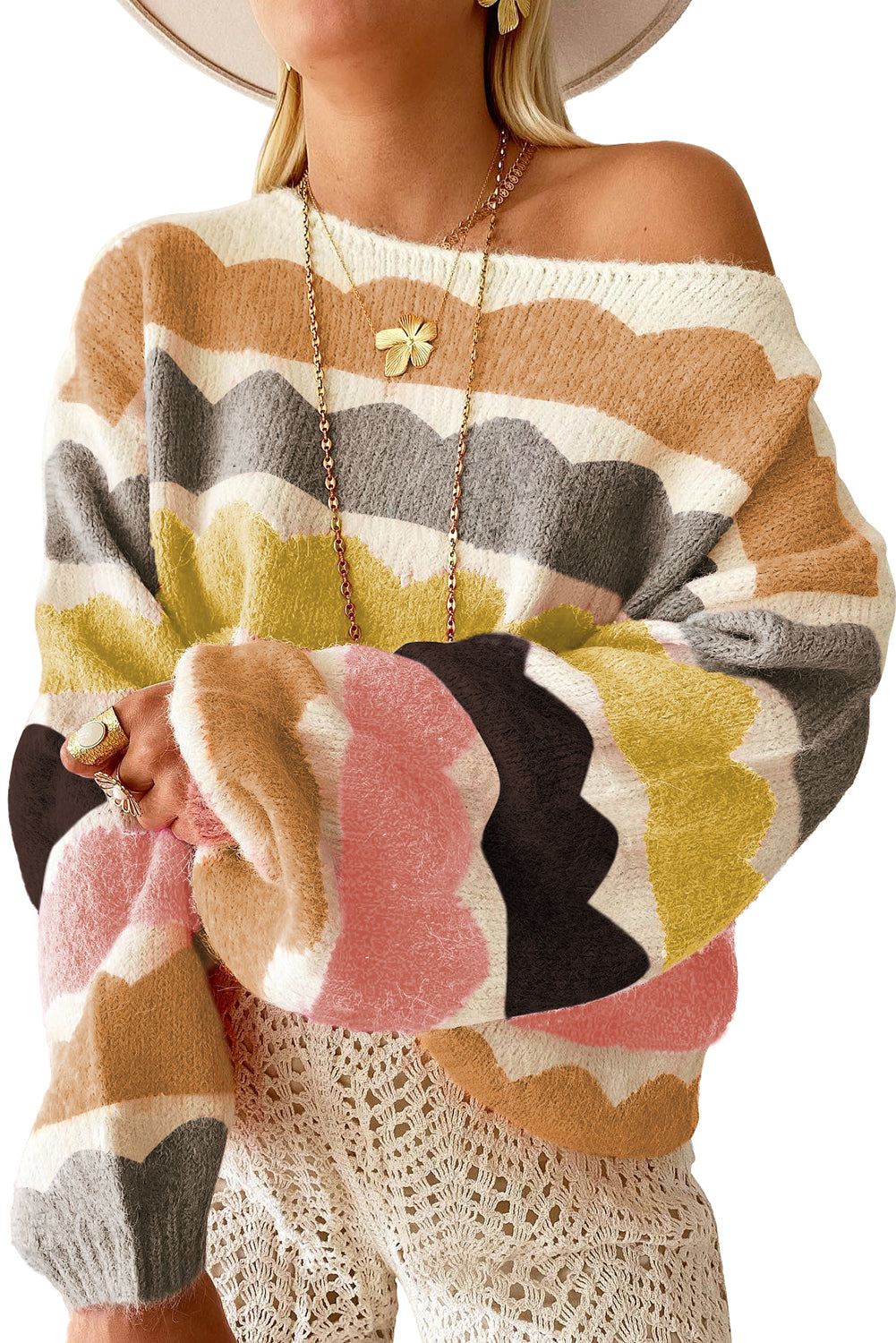 Yellow Wave Striped Balloon Sleeve Drop Shoulder Sweater Yellow 42%Acrylic+30%Polyester+28%Polyamide 065f1bc0d3f1888e