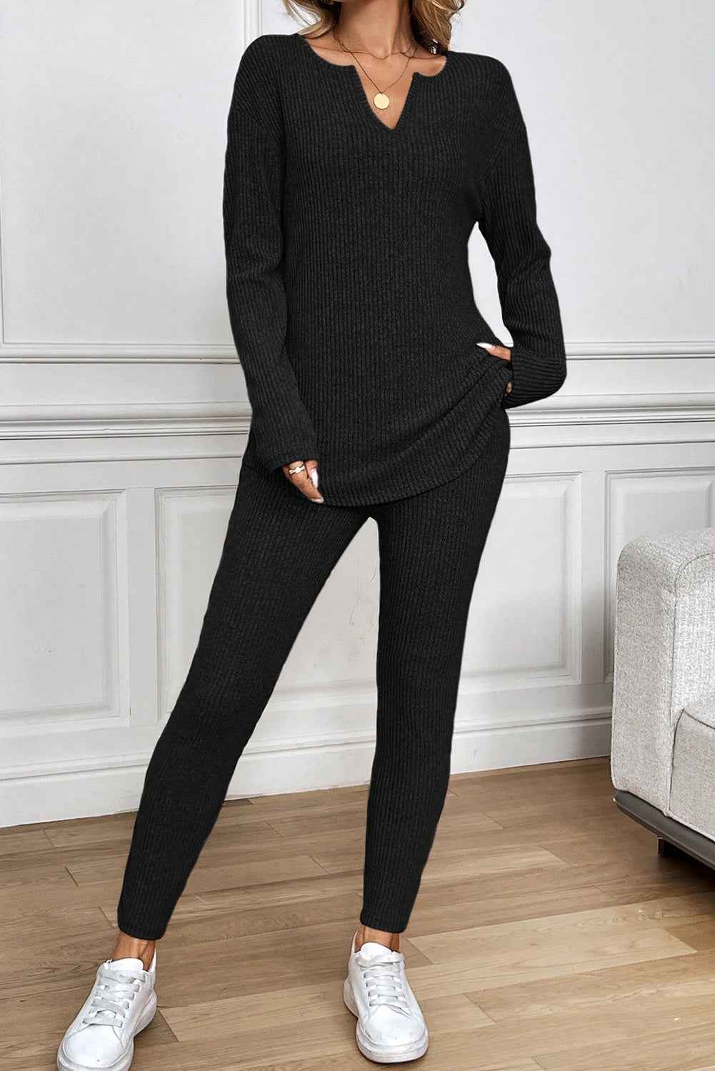 Racing Red Ribbed Notched Neck Knit Long Sleeve Leggings Two Pieces Lounge Set 06621448b65c959e
