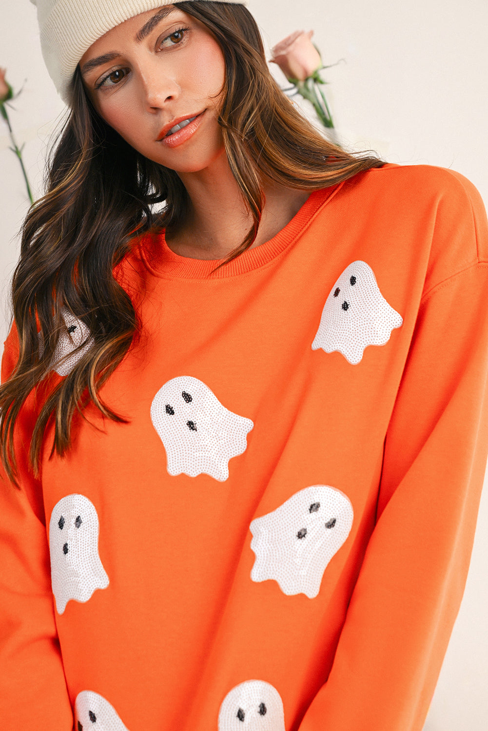 Black Halloween Ghost Sequins Patch Drop Shoulder Sweatshirt Orange 50%Polyester+50%Cotton 0664c277571dcc80