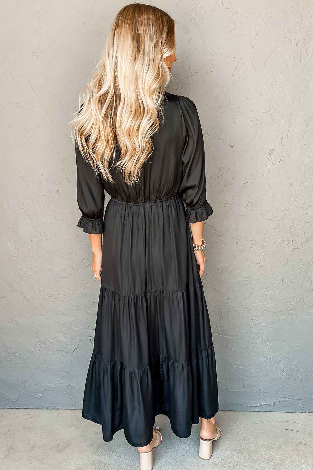 Black Flounced Bracelet Sleeve V Neck Tiered Maxi Dress 06662e7164219849
