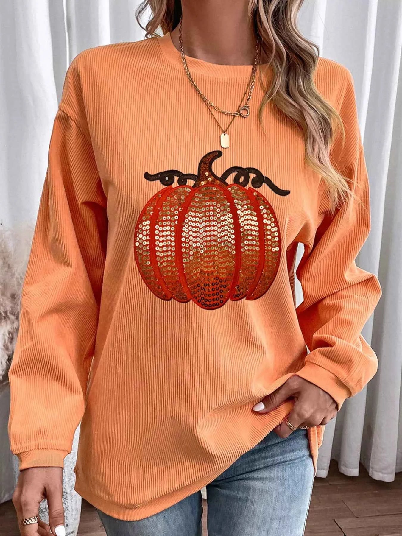Halloween Sequined Pumpkin Ribbed Round Neck Sweatshirt 0666403c-0855-4c38-994b-4c3abfd10382-Max-Origin