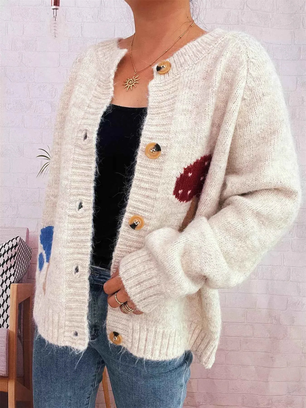Mushroom Pattern Button-Up Cozy Knit Cardigan 0668f282777d41a3be1776c1aae57a20-Max-Origin