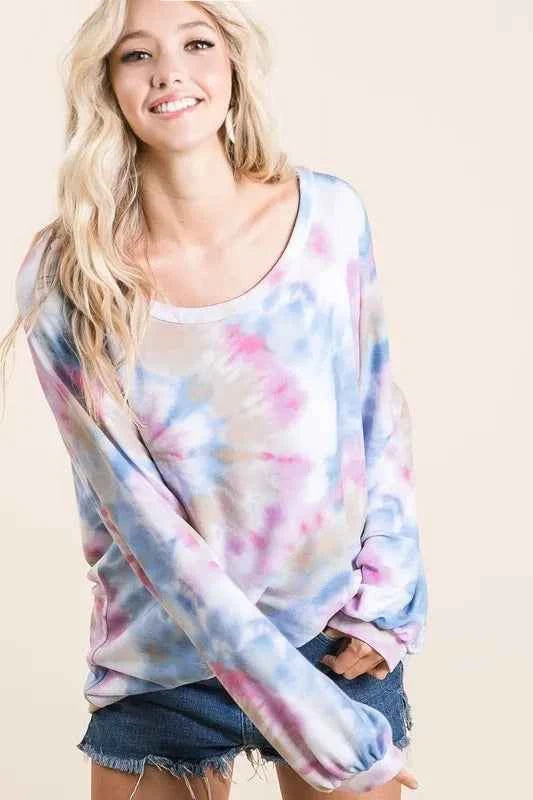 Tie Dye Print Terry Top With Puff Sleeves 066a0b527f114baea6f0aedcfc5062c1-Max-Origin