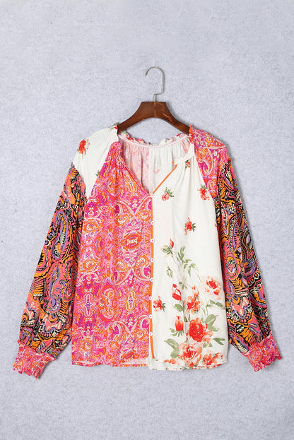 Frill Floral Shirred Cuff Long Sleeve Blouse