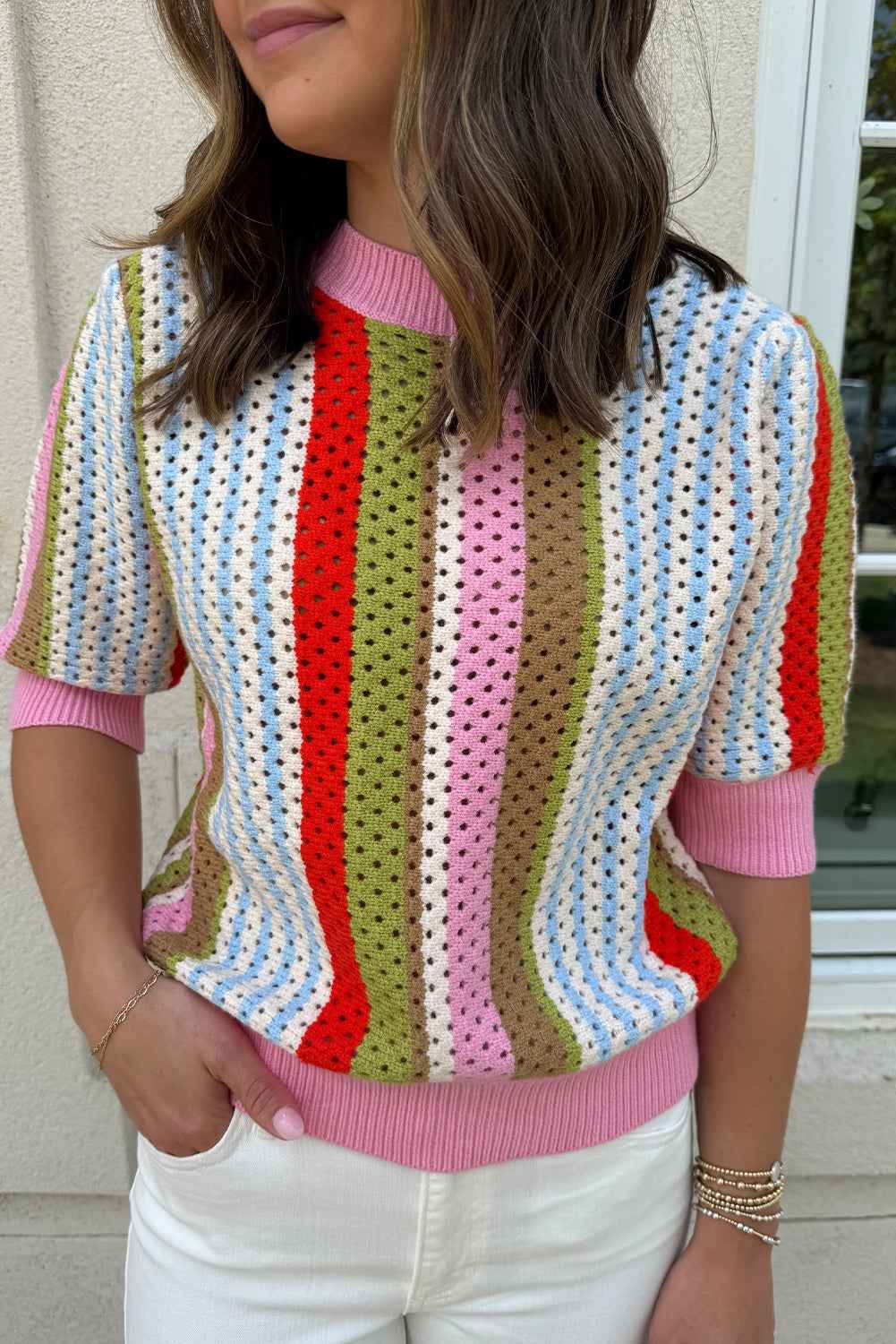 Multicolour Striped Pointelle Knit Short Sleeve Sweater Multicolour 52%Viscose+26%Polyester+22%Polyamide 066f5c030d310a2a