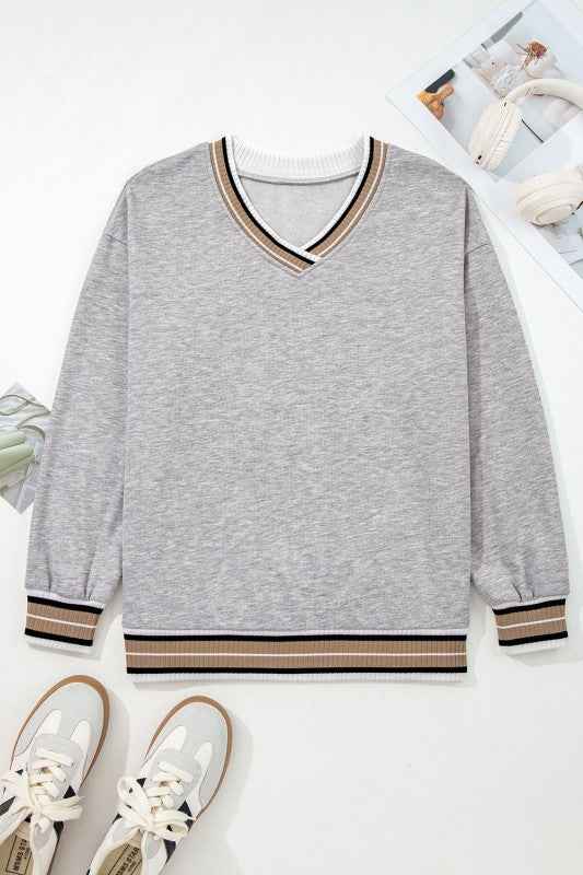 Varsity Contrast Stripe Trim V-Neck Sweatshirt 06759c79-6d51-434a-8290-4b3bd61d2214