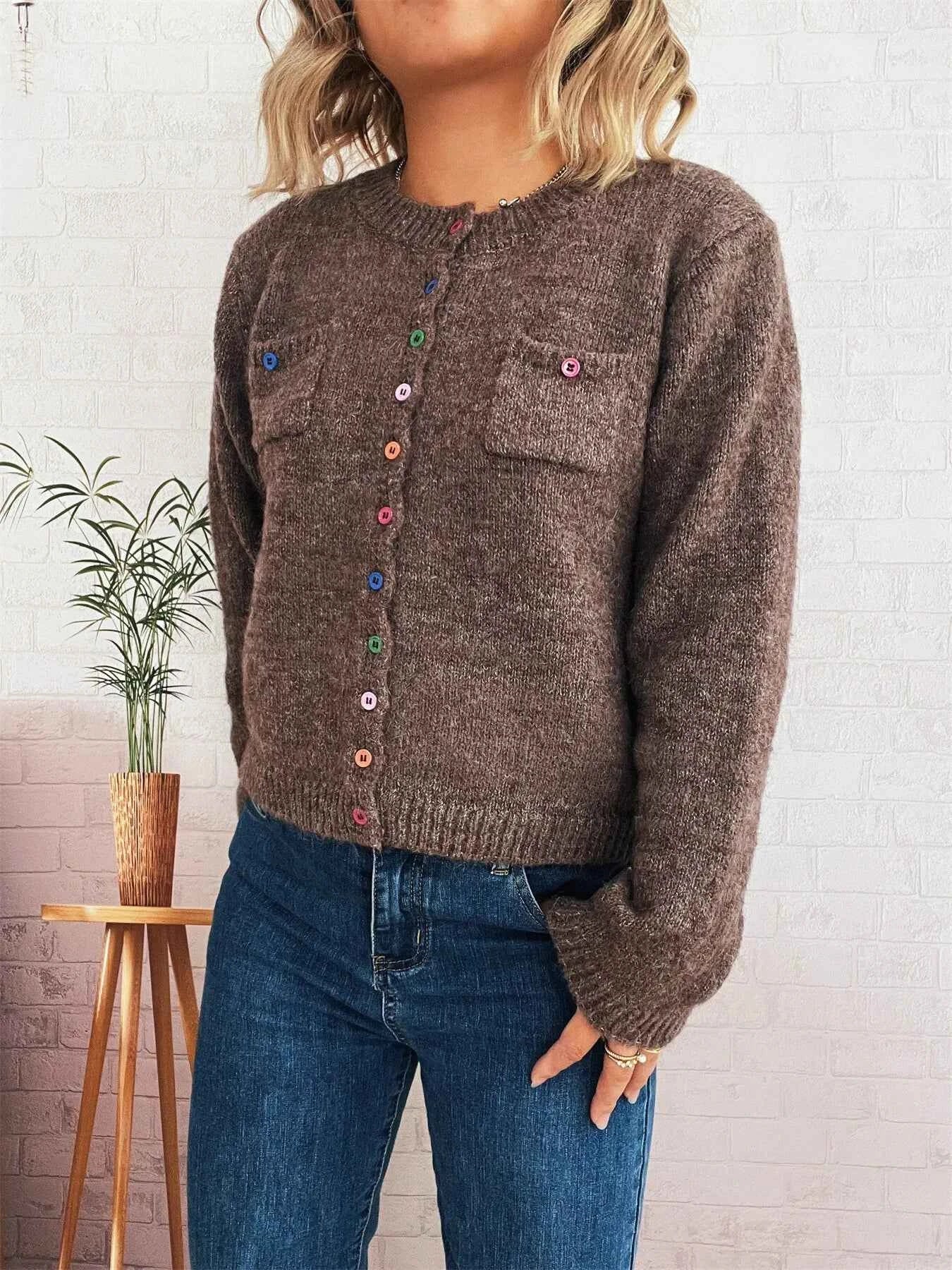 Button-Up Ribbed Hem Cardigan with Chest Pocket Brown One Size 067fabcccd714bc4877e18837aa6567d-Max-Origin
