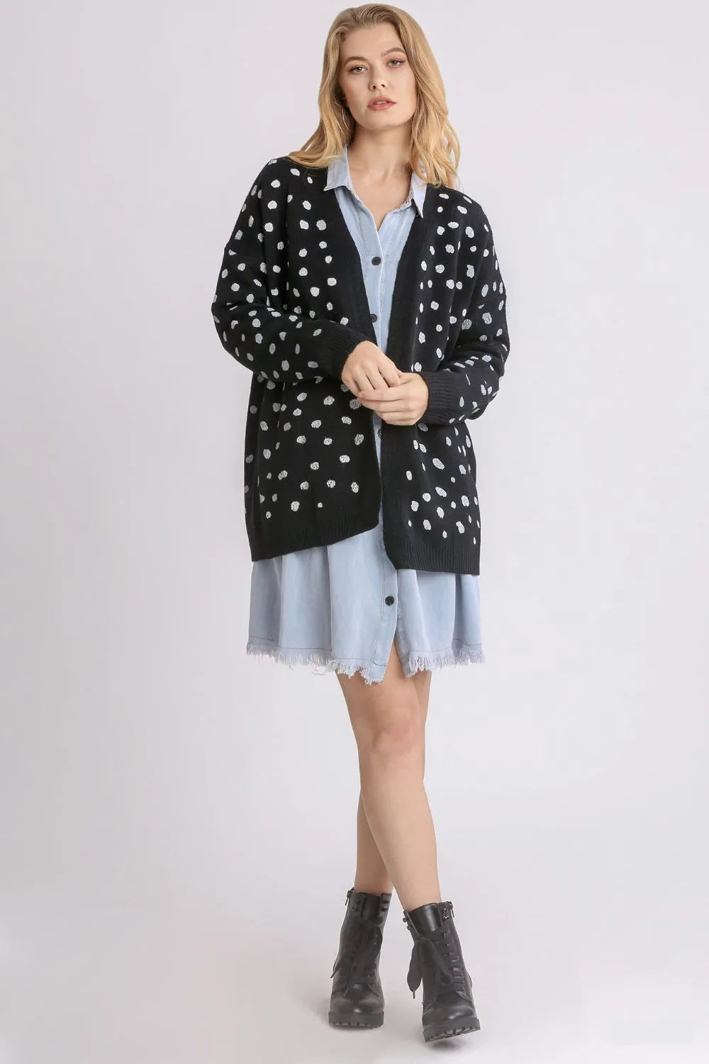 Umgee Polka Dot Open Front Drop Shoulder Cardigan 068039f9-446e-4ac5-bd63-1b81cef4b901-Max