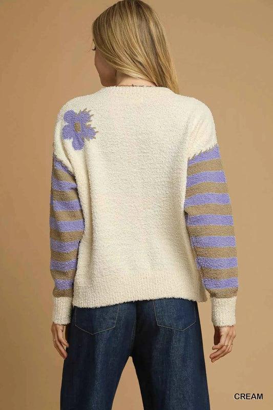 Flower Jacquard Striped Long Sleeve Sweater 06820cd3-d2c6-4ae6-8915-f58ea770fdbe-Max-Origin