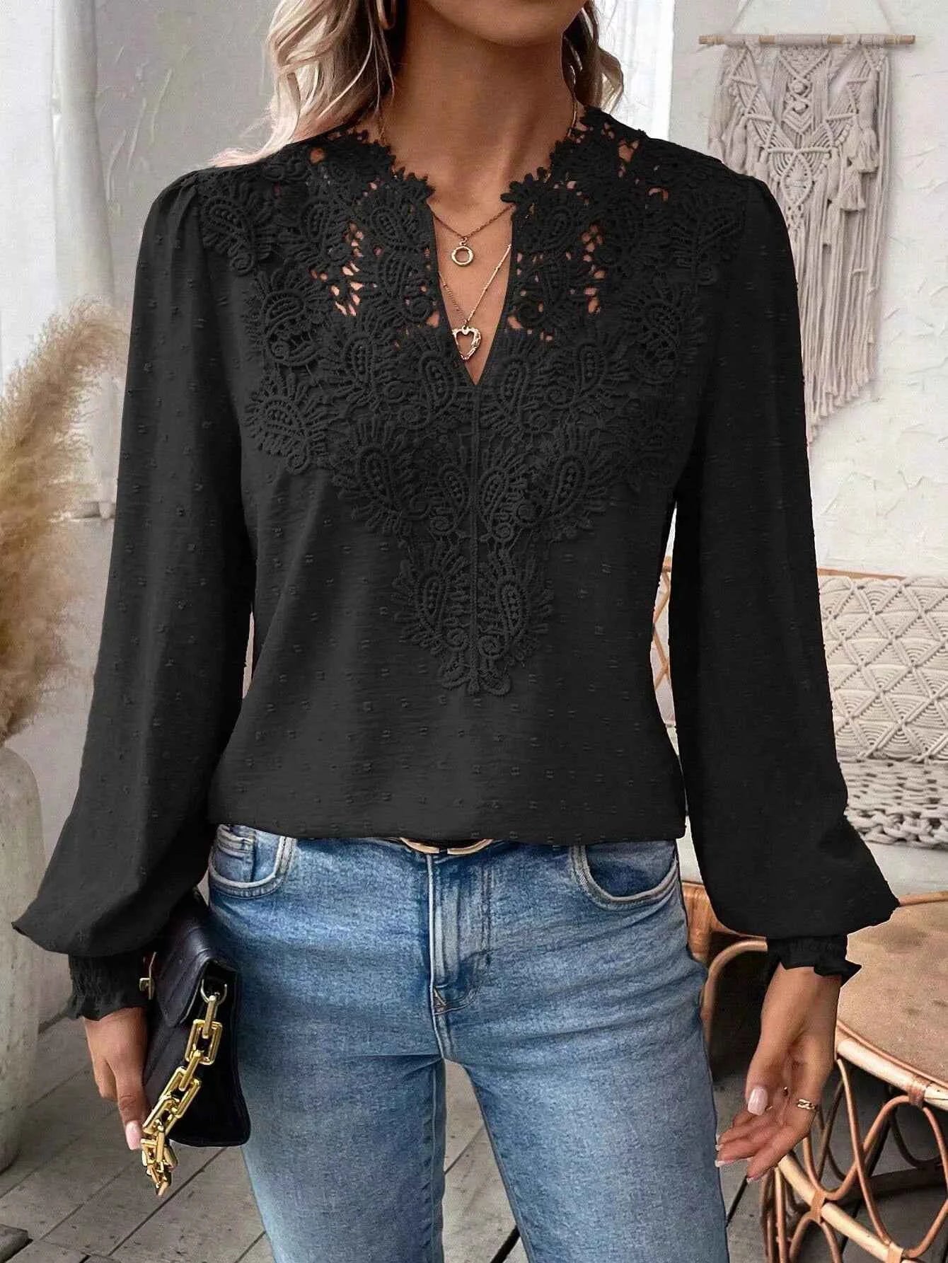 Swiss Dot Lace Detail Long Sleeve Blouse 0684a19f-c35a-49bf-8e93-6ef9f9b47192-Max-Origin