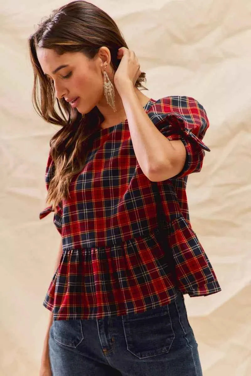 SO ME Christmas Holiday Plaid Ribbon Short Sleeves Top 068b681201d14d8ea2a31284a8b88101-Max-Origin