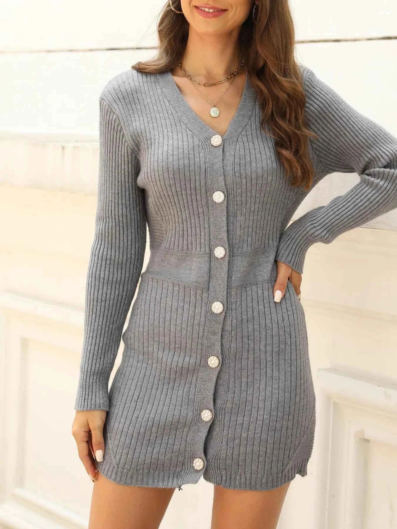 Ribbed Button-Front V-Neck Sweater Dress Dark Gray 0693250308f24d6ebdd2f6ac2f72d9b6-Max-Origin