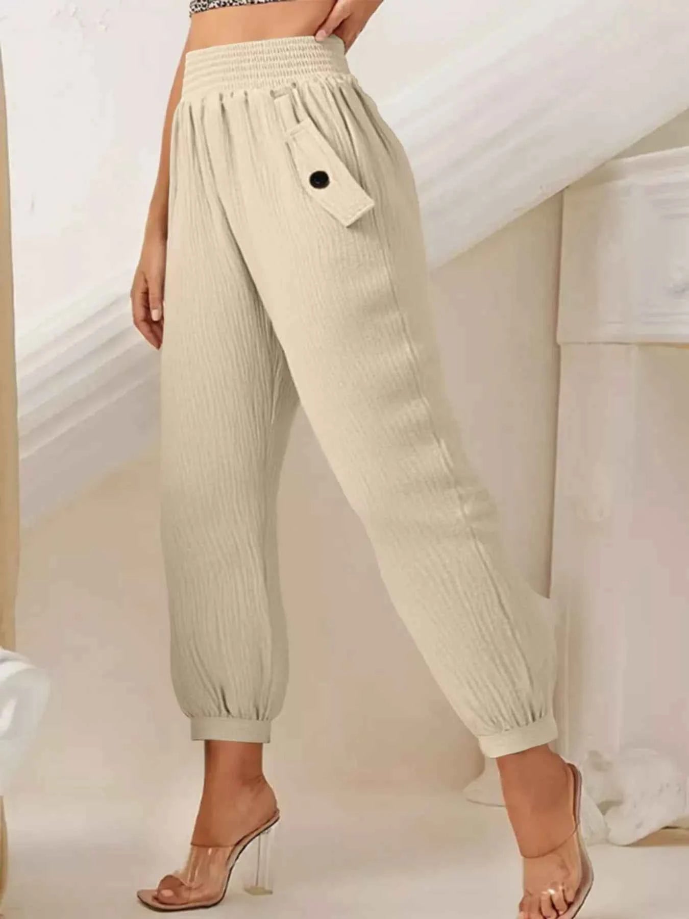 Smocked Textured Casual Pants 069483db-d968-4b87-a519-28314c502f70-Max-Origin