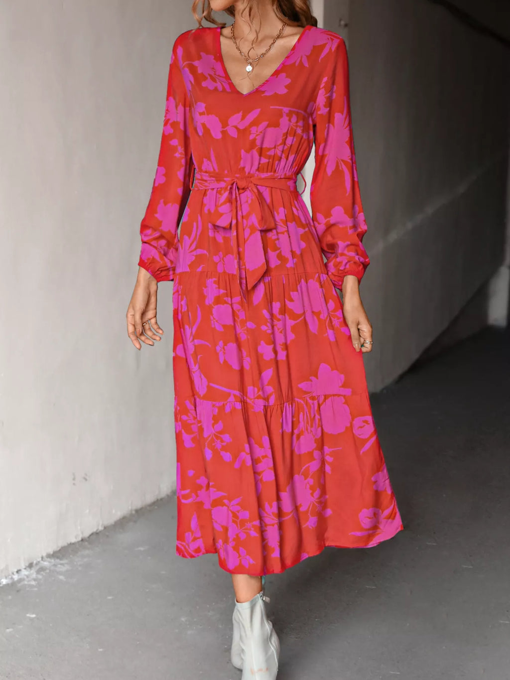 Printed V-Neck Balloon Sleeve Dress 069ee370-d0f1-4cdb-839e-8ecf2b832a7e-Max-Origin