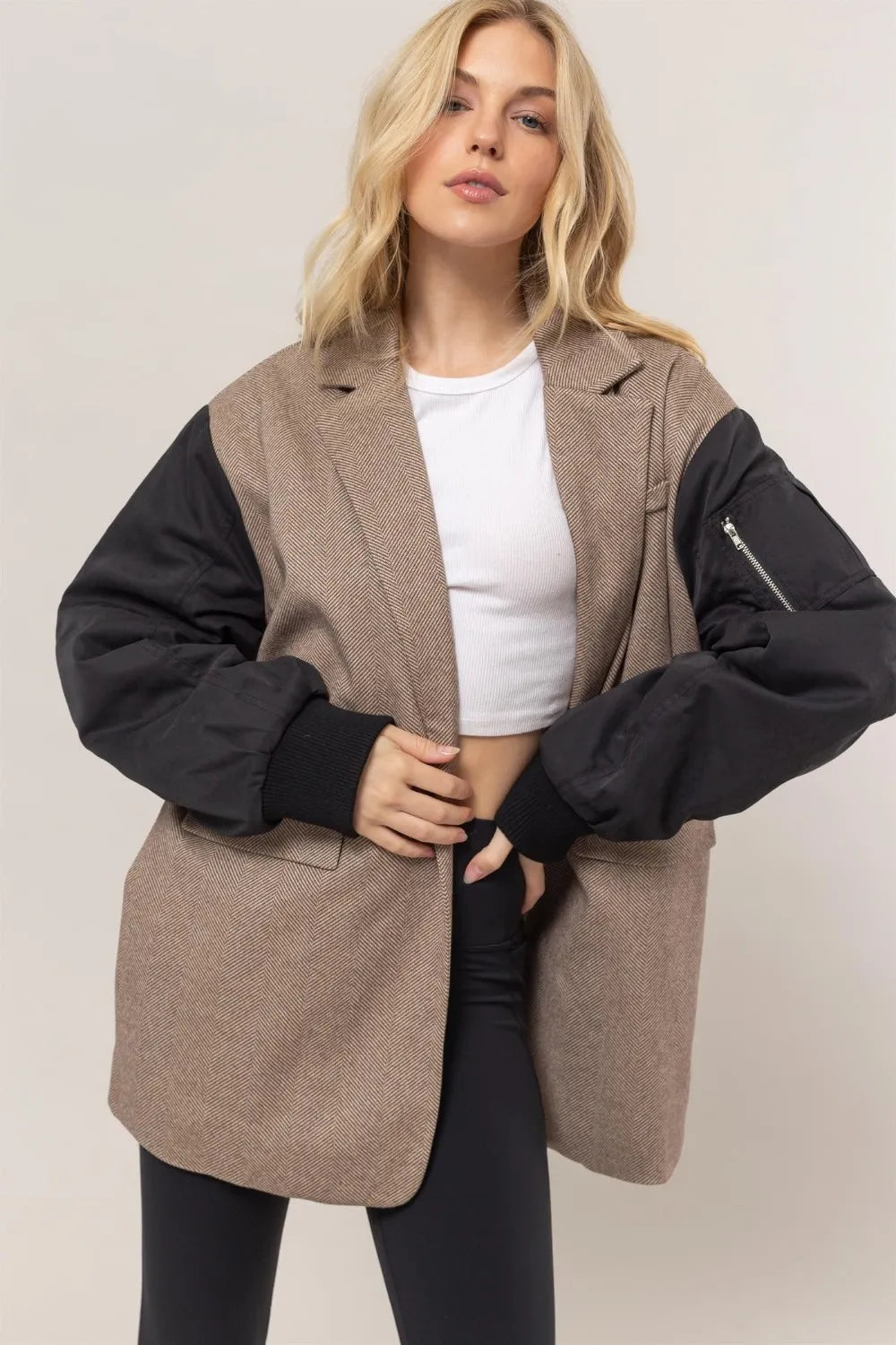 Herringbone Mixed Media Contrast Long Sleeve Blazer Brown 06a7d5ac-b656-4399-b807-0f3272415f9e-Max