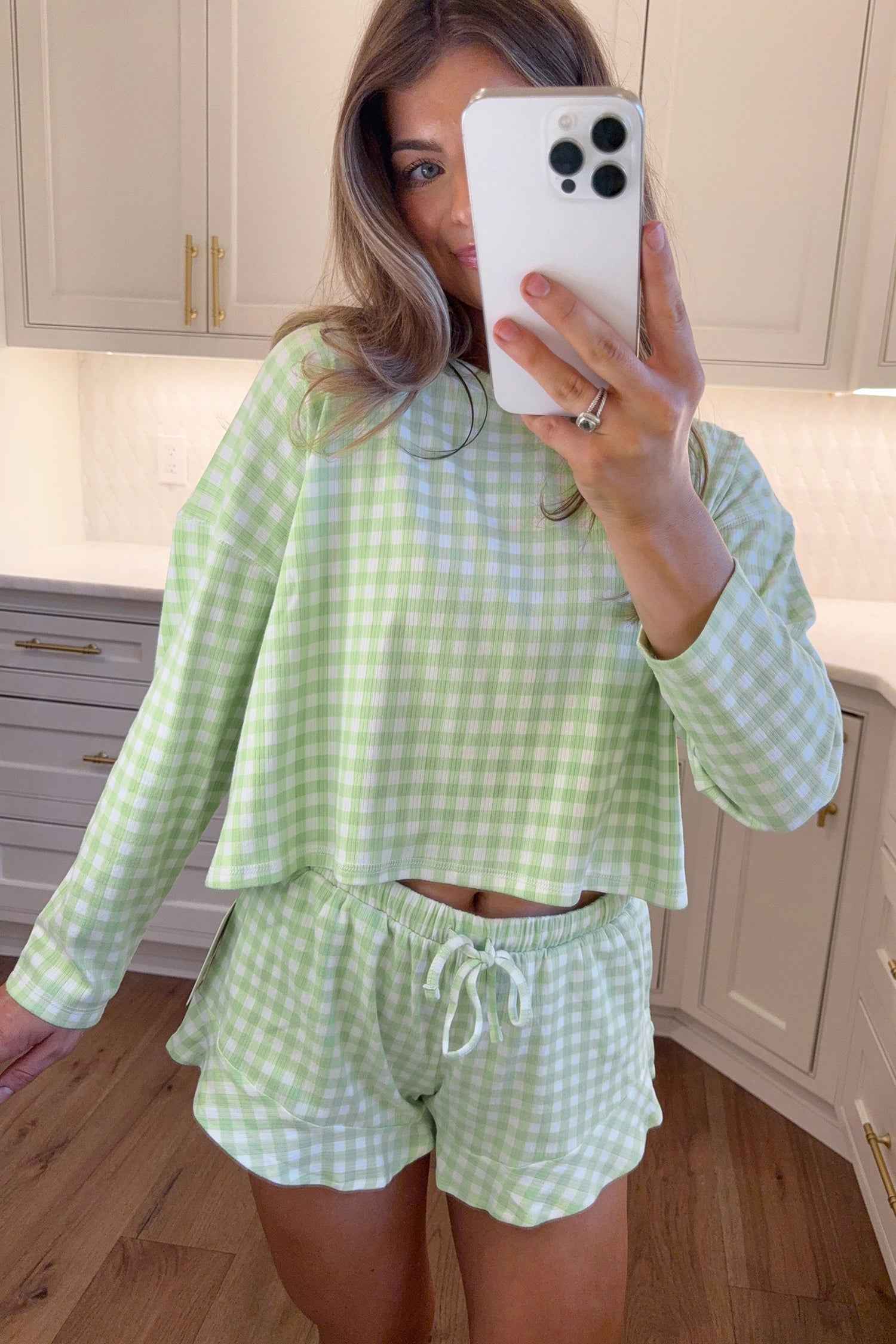 Green Gingham Long Sleeve Loose Top Drawstring Shorts 2pcs Lounge Set 06ab978166b90a04