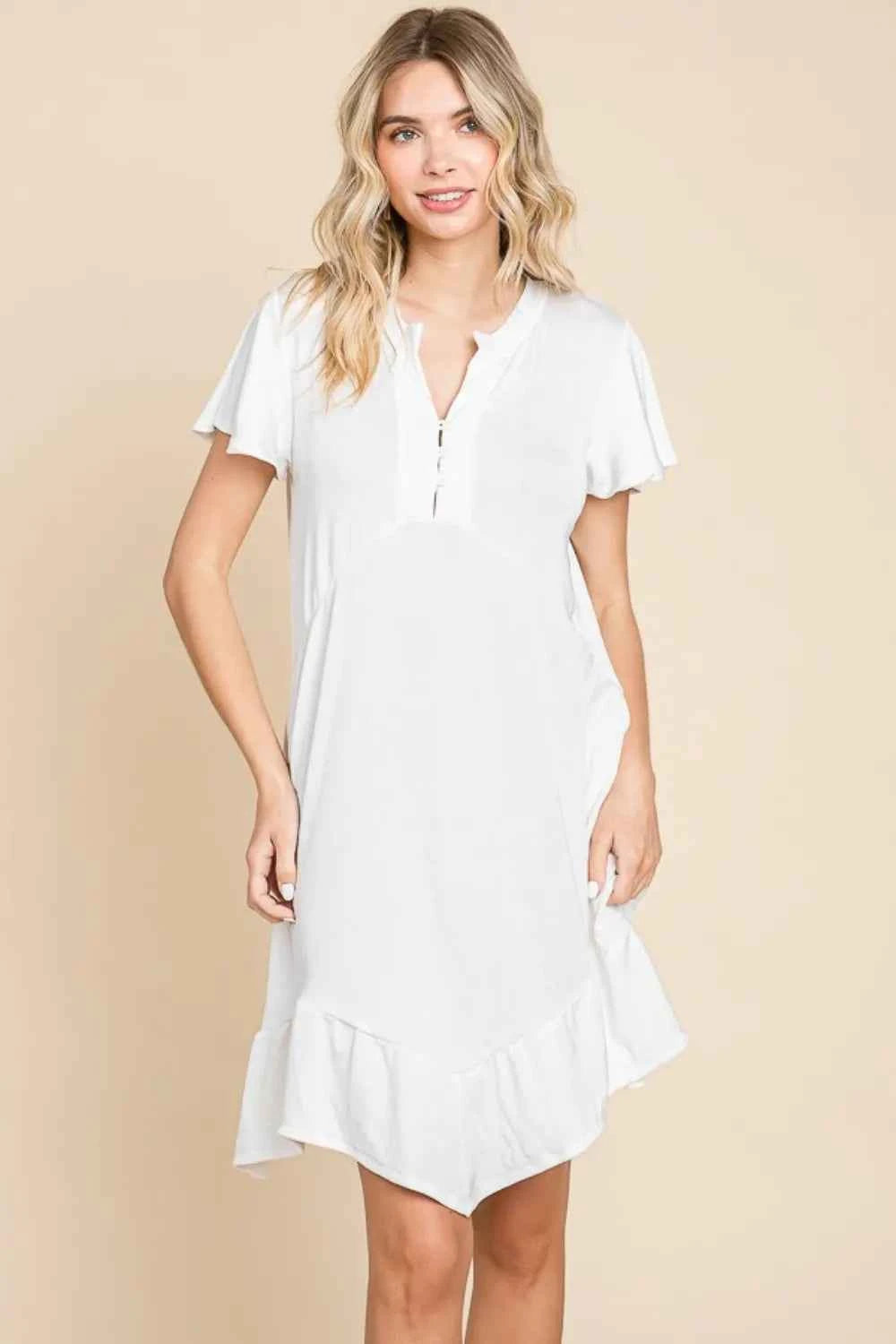 Culture Code Full Size Short Sleeve Ruffled Asymmetric Hem Dress Soft White 06ad2bf5-6a80-467a-9dde-5161ebc544a5-Max