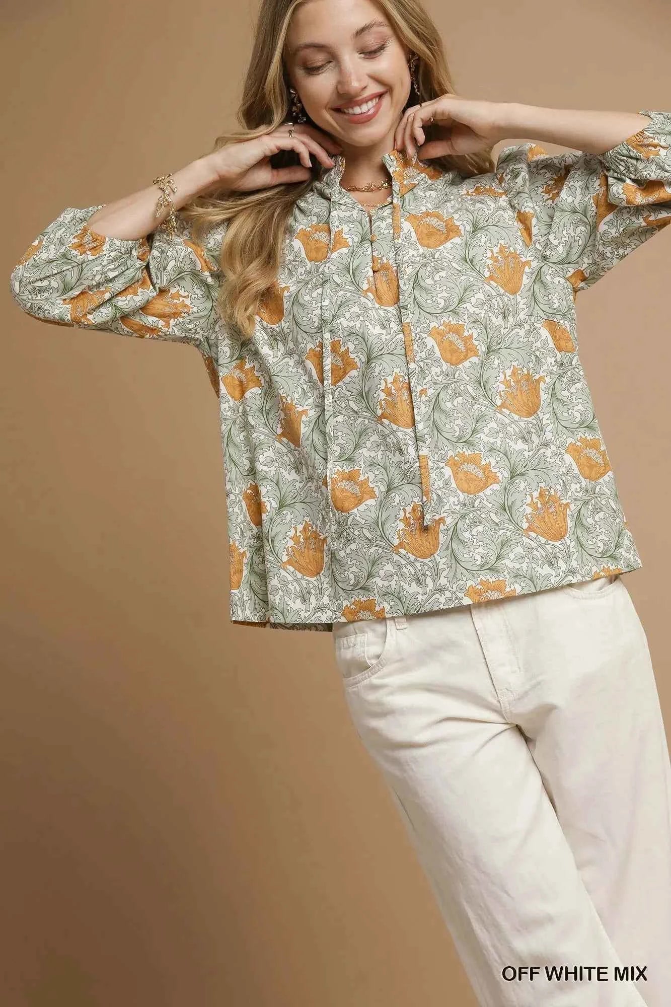 Umgee Floral Print Tie Neck 3/4 Sleeve Blouse 06b7388e-0e6f-4699-87b3-d33055872f05-Max-Origin