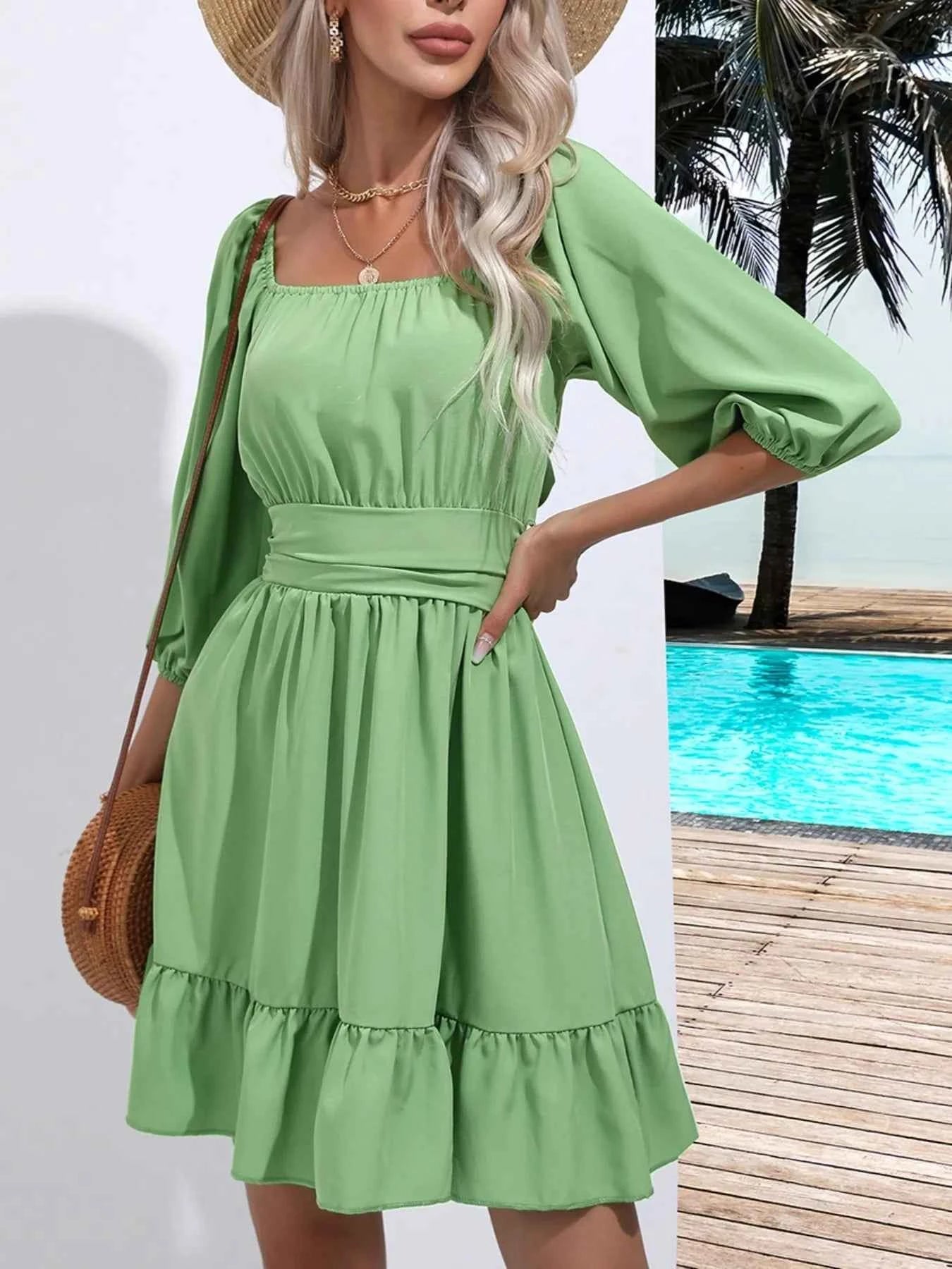 Tie Back Ruffled Hem Square Neck Dress 06b9feb9-20f8-43e8-bd8e-3bed19b580de-Max-Origin