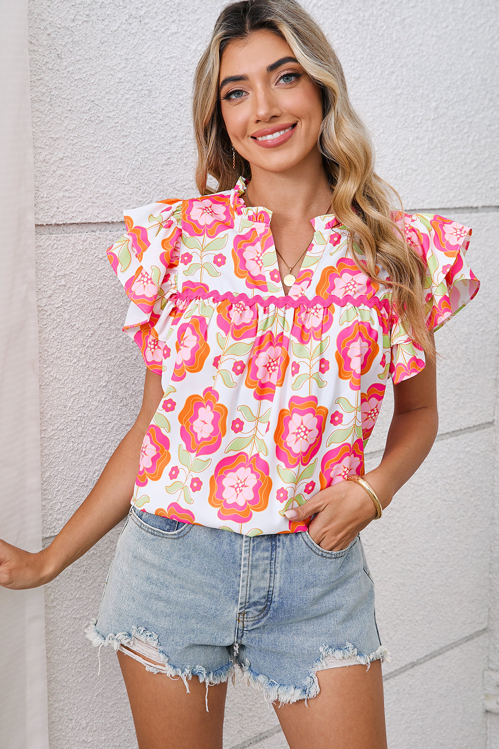 Rose Boho Floral Print Ricrac Ruffle Sleeve Blouse 06bdac629836d0c2