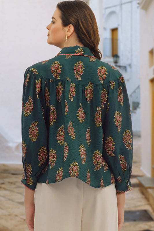 Green Plus Size Floral Print Contrast Lacy Trim Pleated Loose Shirt 06bdd3bae5deed0e