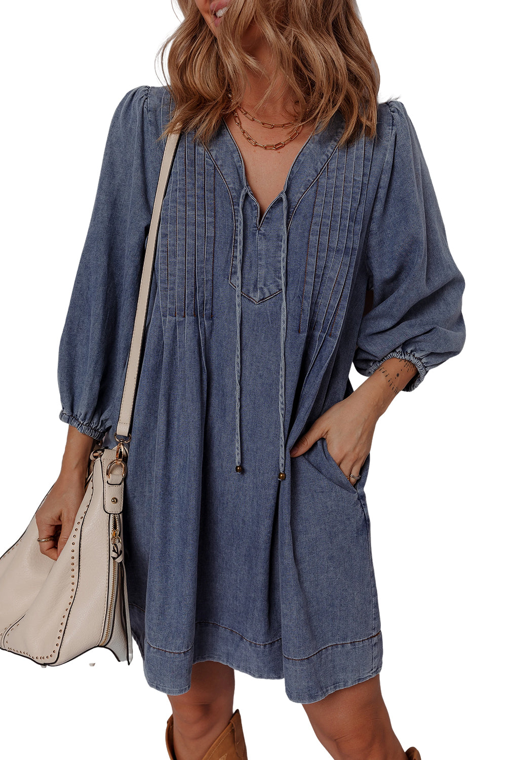Sail Blue Pleated V Neck 3/4 Sleeve Denim Mini Dress 06c860a755bd14ab