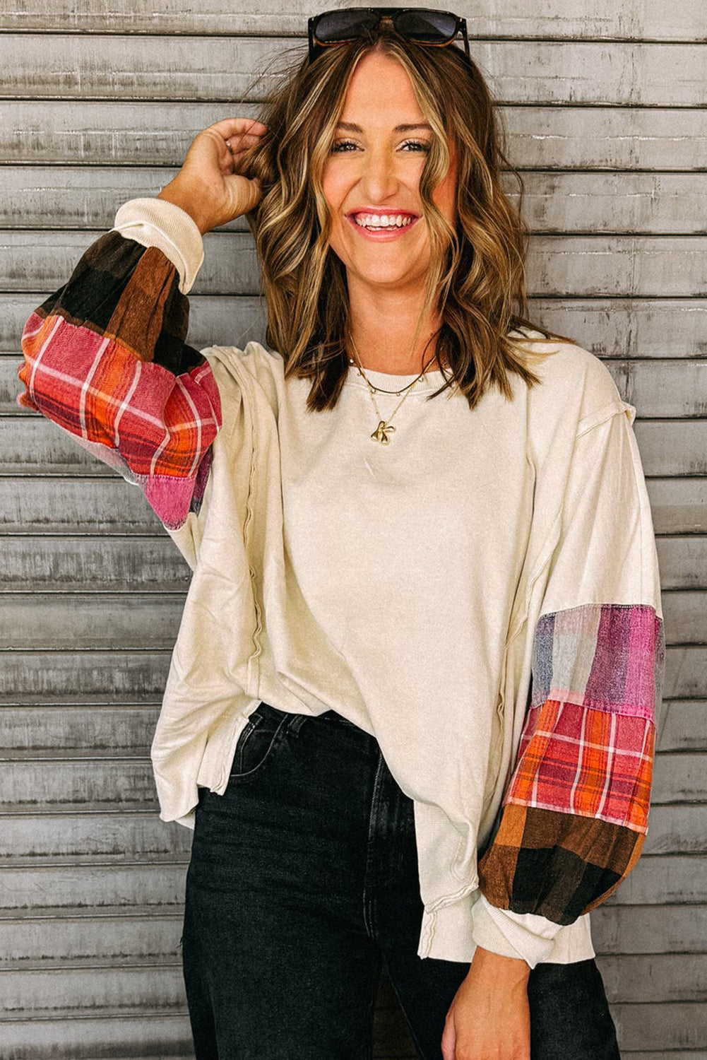 Beige Plaid Patchwork Long Sleeve Exposed Seam Loose Top 06cea9522dda3159
