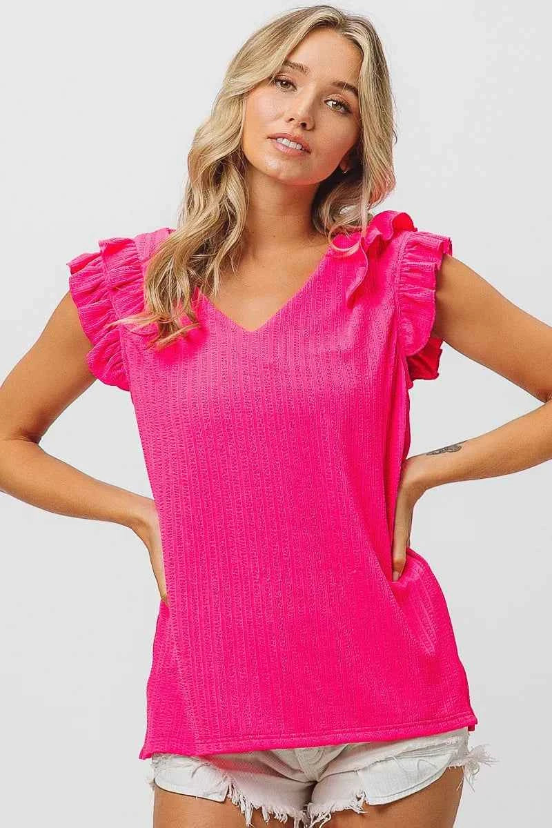Layered Ruffles Armhole V-neck Rib Textured Top 06d7764c3efe418d9f17d1b133dc7a11-Max-Origin