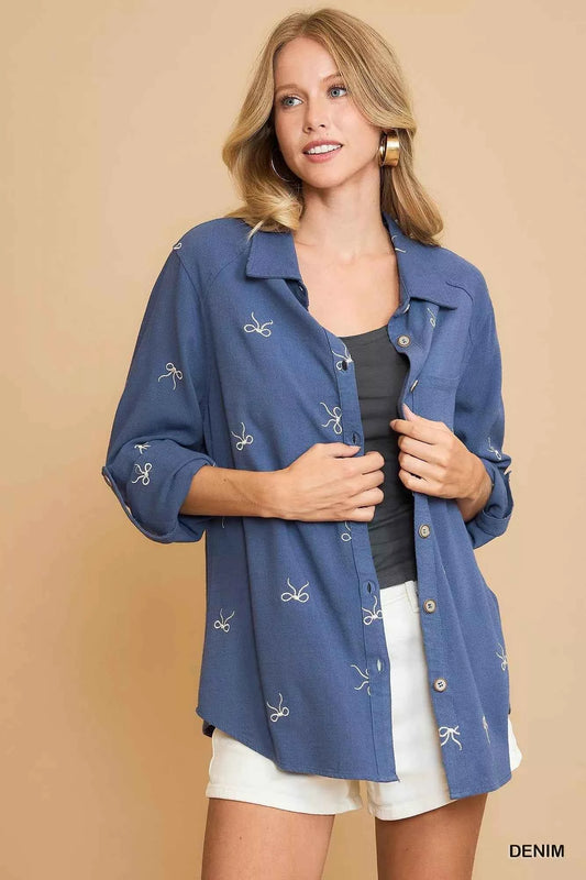 Umgee Linen Blend Fitted Shirt with Ribbon Embroidery Details 06d9e39d-494e-4d1c-a90c-76f2839f731d-Max-Origin