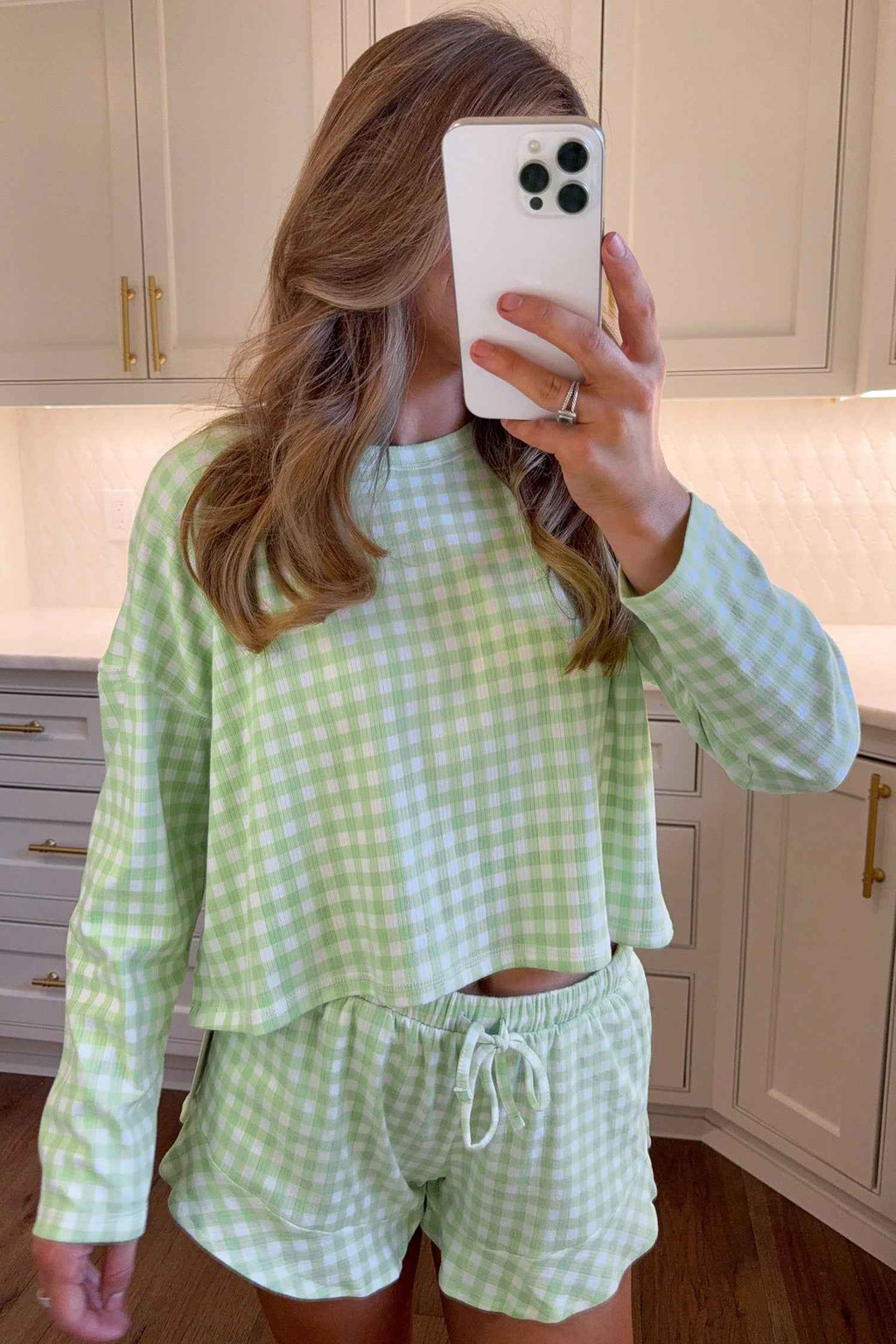 Green Gingham Long Sleeve Loose Top Drawstring Shorts 2pcs Lounge Set 06e057f67047f67f