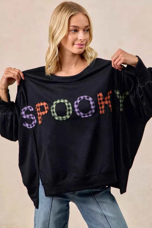 Spook Plaid Letter Print Oversized Sweatshirt 06e1a05e22fa459cb4291e968e6d30b5-Max-Origin