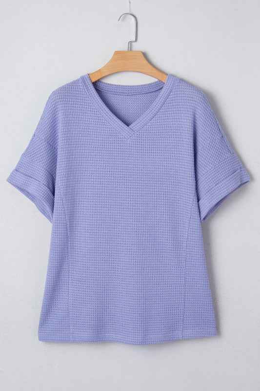 Solid Waffle Knit V-Neck Short Sleeve Top Wisteria 06e25c63-ea2c-4656-afb0-407acbce59be