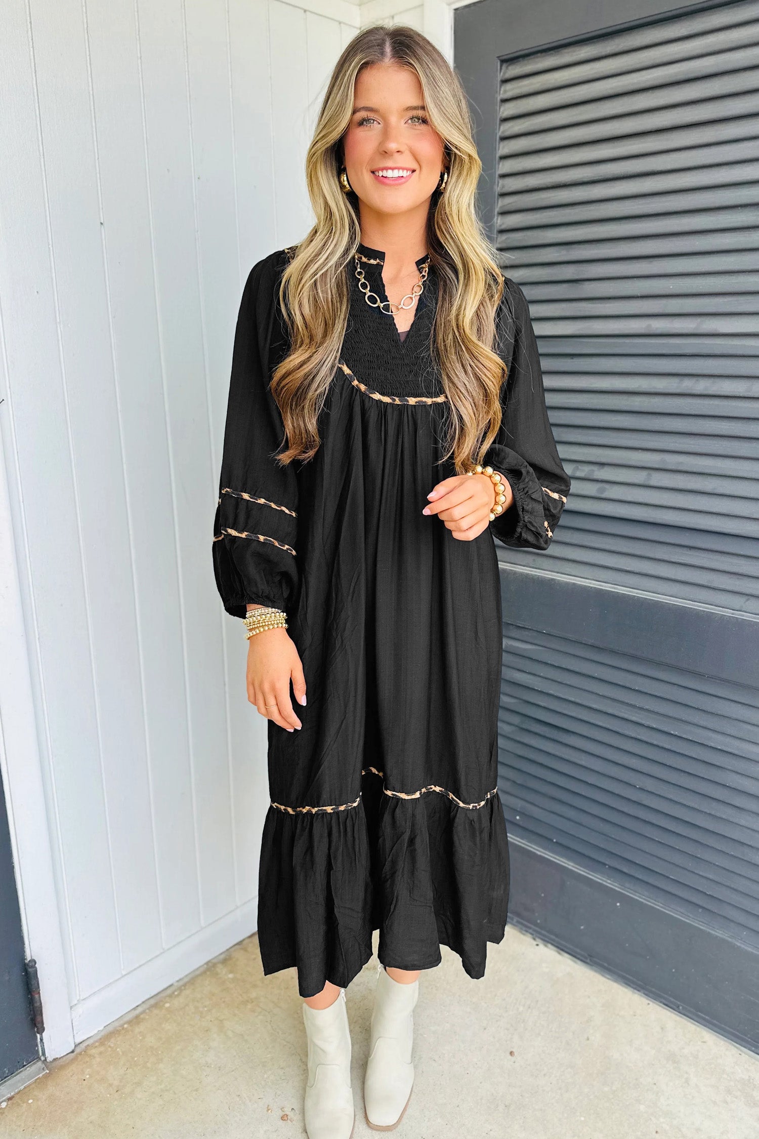 Black Contrast Leopard Trim Split Neck Long Sleeve Casual Midi Dress 06e3bb731c24b7d5