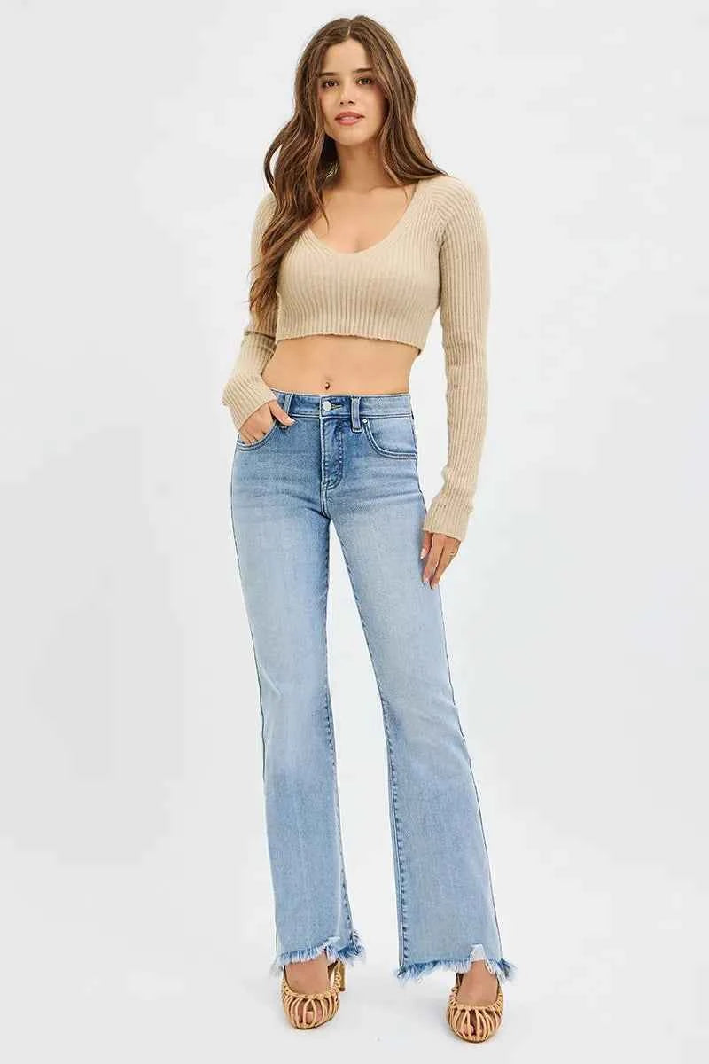 RISEN Full Size Tummy Control Mid Rise Flare Jeans with Fray Hem Detailed Plus Size 06e4df3691b2473cb71c25b90d9aa7ea-Max-Origin