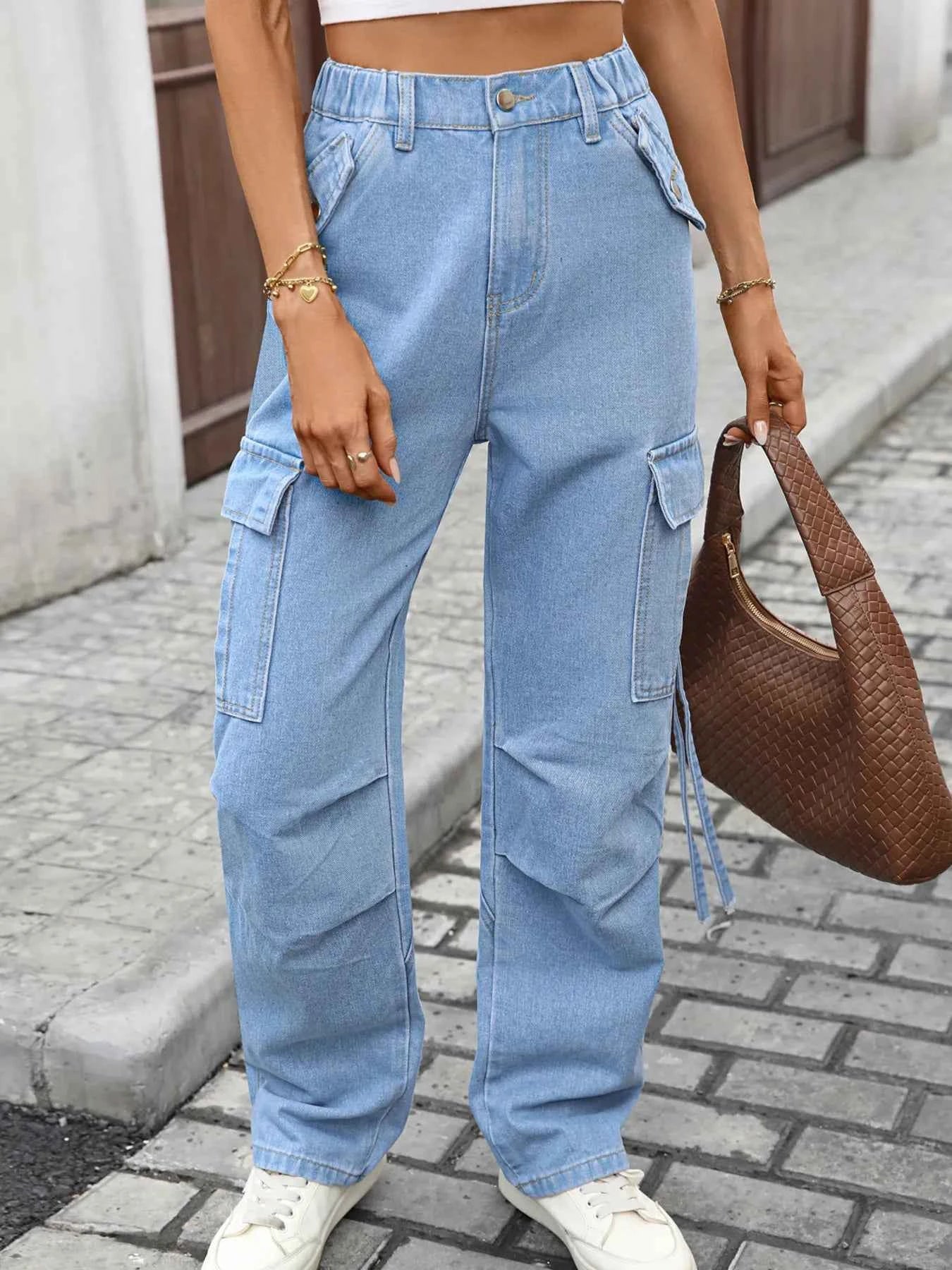 High Waisted Cargo Pocket Jeans Denim Blue 06f2e66339af45198a459d7c306030e9-Max-Origin