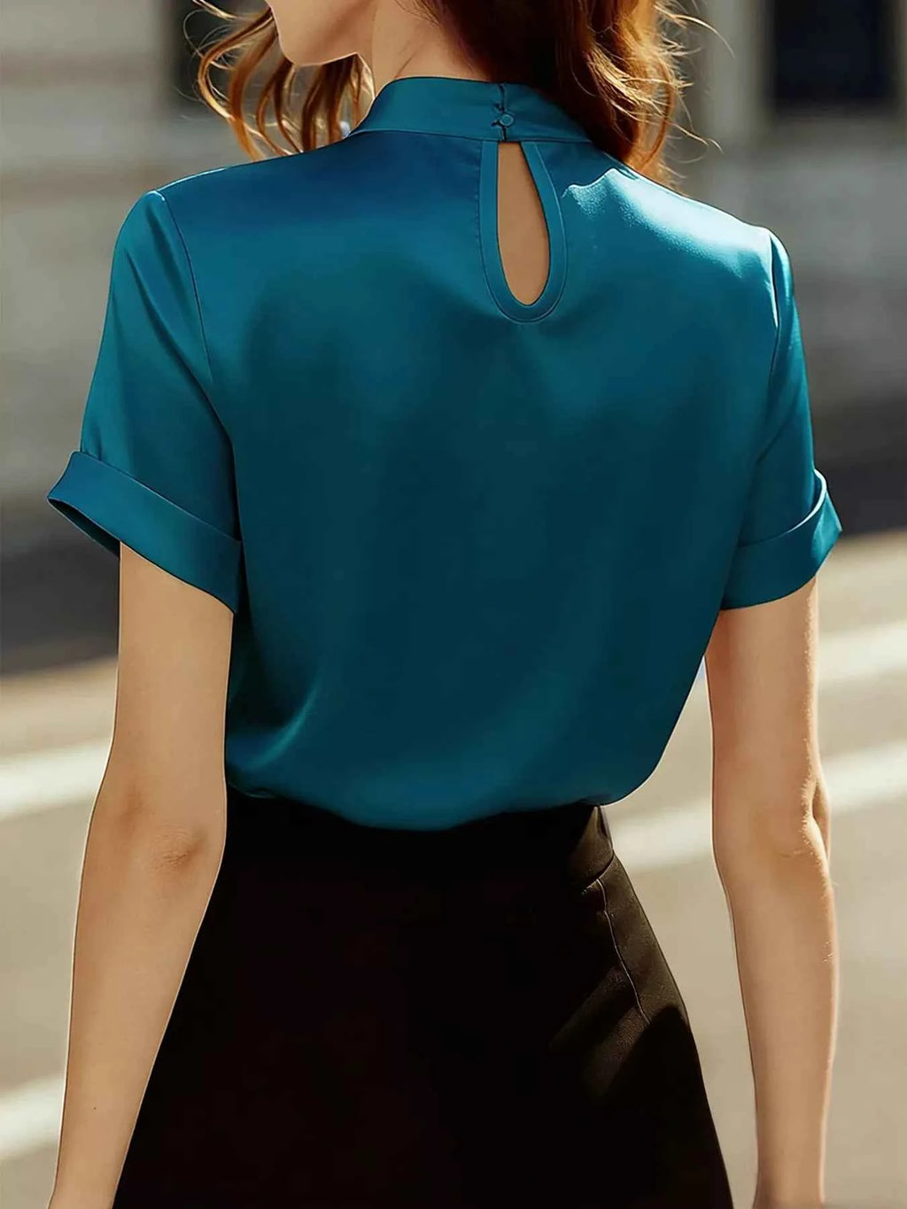 Keyhole Neck Satin Short Sleeve Blouse 06f2e8cf1d53486ba7733cfc516d7a6a-Max-Origin