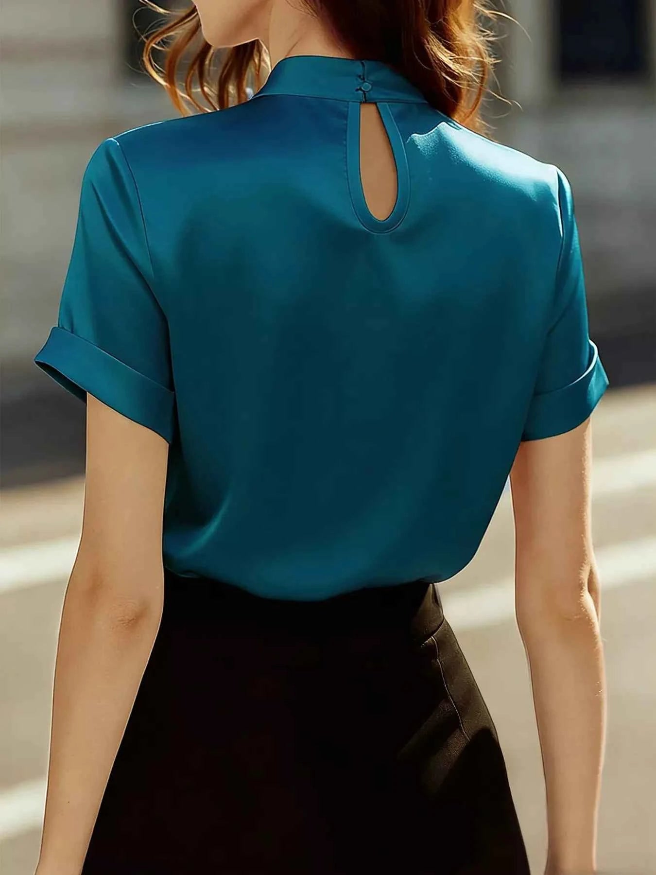 Keyhole Neck Satin Short Sleeve Blouse 06f2e8cf1d53486ba7733cfc516d7a6a-Max-Origin